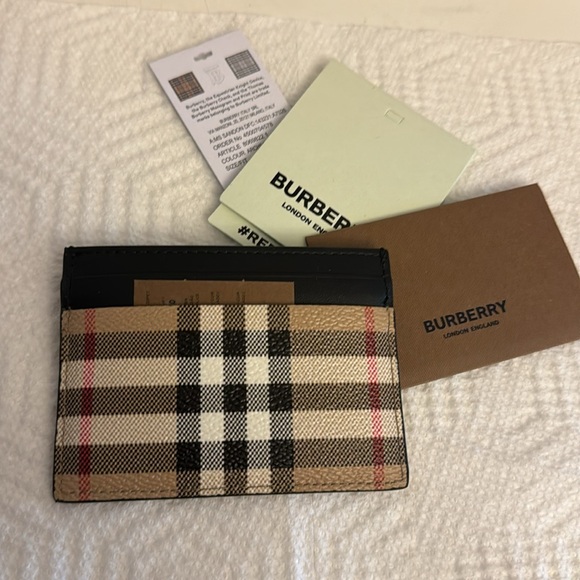 Burberry Sandon Tan Canvas Check Printed Leather Slim Card Case Wallet - Picture 2 of 2